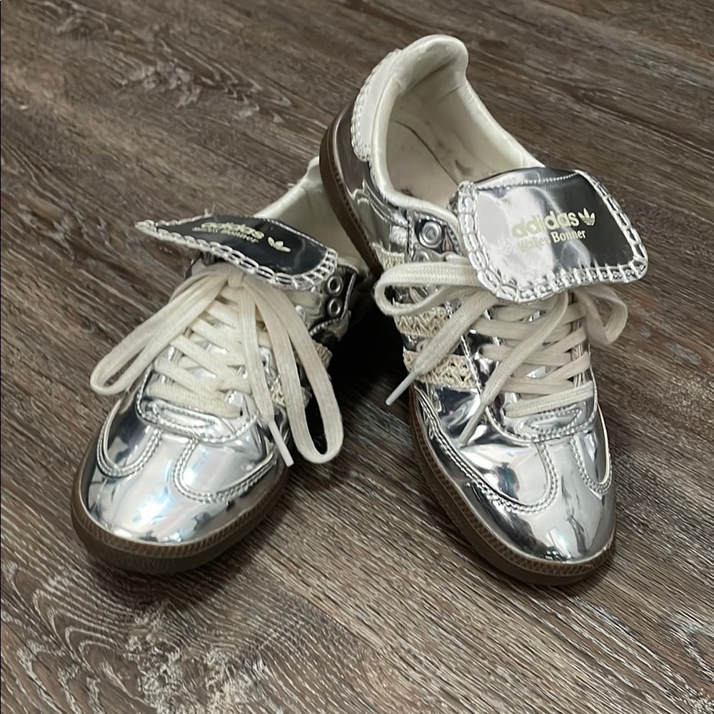 The Wales Bonner x Adidas Samba Metallic Silver. Size men’s 4/women’s 6